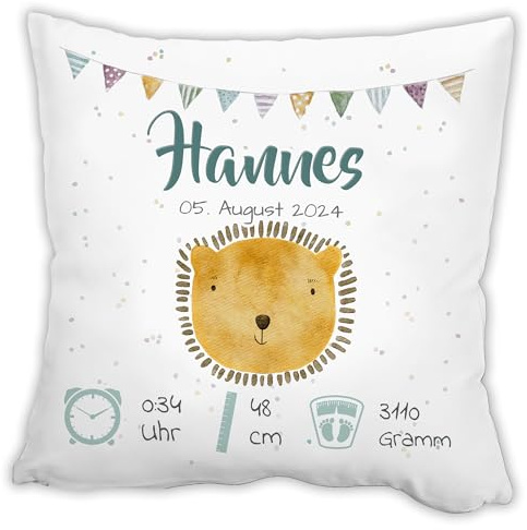 Personalisiertes Kissen zur Geburt | LÖWE | 40x40 cm mit Name, Datum, Gewicht und Uhrzeit, Geschenkidee für Baby erster Geburtstag, Taufe Kinderzimmerdeko Geburtsgeschenk für Mädchen oder Junge