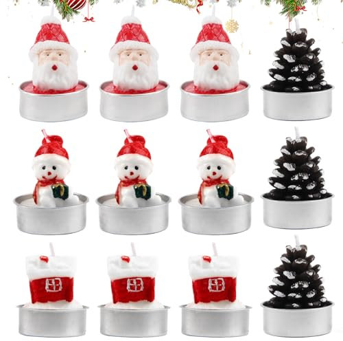 Weihnachten Kerzen 12 Stück Mini Teelichter Weihnachten Weihnachtsbaumkerzen Schneemann Tannenzapfen Weihnachtsmann Weihnachtenkerzen für Weihnachtsfeiern Tischdekorationen Geschenksets