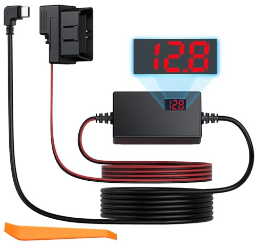 eSynic Dash Cam Hardwire Kit USB C to OBD 11.5ft Dashcam Hard Wiring Kit Type-C 12V-24V to 5V OBD Power Cable with LCD Display Parking/ACC Mode 3-Stage Low Voltage Protection for Dash Camera Cars GPS