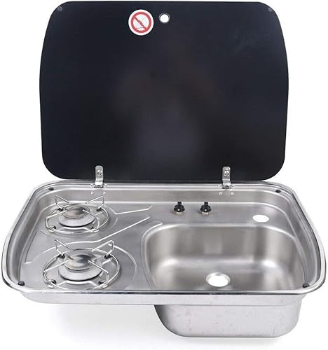 Gas Camping Stove Built-In RV Gas Cooktop Burner Gas Stove Hob and Stainless Steel Sink Combo w/Glass Cover - Outdoor Kitchen for Motorhome Caravan Camper RV, LPG Gas Only