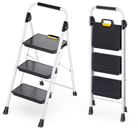 KINGRACK 3 Step Ladder, Folding Step Stool for Home and Kitchen, White