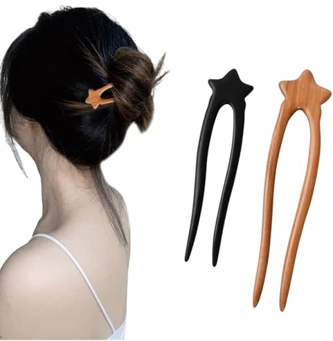2 Pcs Bois en Forme de U Pince à Cheveux, Française Épingles à Chignon, Fourchette Piques Cheveux de Santal, Épingle à Cheveux à Double Fourche pour Femmes Filles Accessoires de Coiffure (étoile)