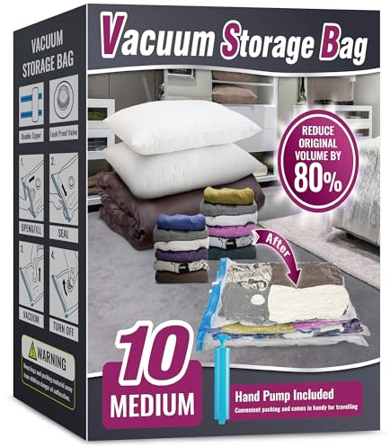 Oumaru Vacuum Storage Bags for Clothes, 10 Pack Vacuum Bags, Space Saver Bags for Clothes, Duvets and Pillows, Hand Pump Included (Medium)