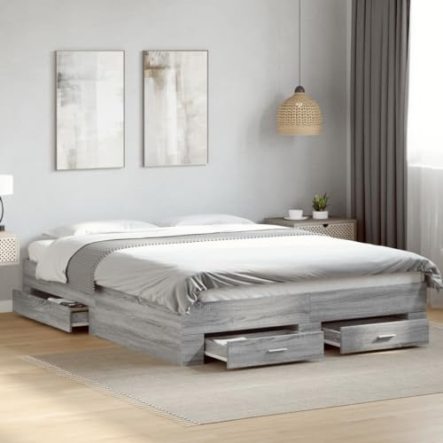 MOBCANT Bettgestell mit Schubladen, Bettrahmen Bett Hausbett Futonbett Geeignet für Wohnungen Schlafzimmer Schulen Gästezimmer Grau Sonoma 160x200 cm Holzwerkstoff