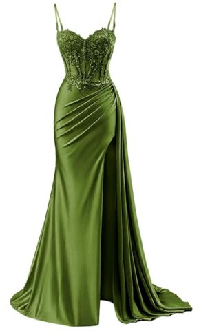 Vestidos de dama de honor de satén para mujer para boda con vestidos de noche formales de sirena de limo, talla grande, verde oliva, 60 Grande