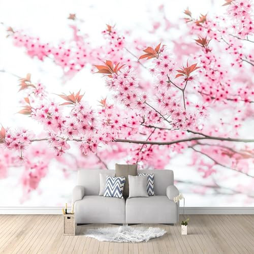 Carta Da Parati Stile Romantico Fiori Di Pesco Foglie 3D Fotomurale – Design Moderno In Tessuto Non Tessuto Per Soggiorno, Camera Da Letto, Cucina, Corridoio O Hotel – Murale 300 X 210 Cm Rosa Stame