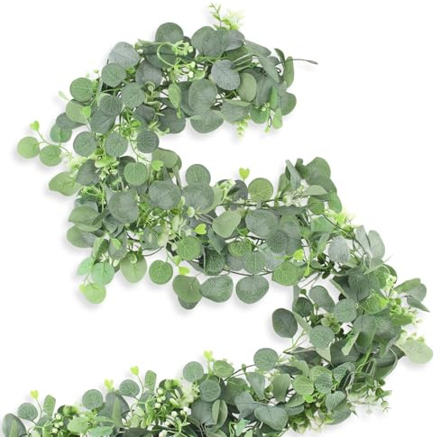 YUE QIN Eukalyptus Girlande 4 Stück Kunstpflanze Hängend 5.91FT Eukalyptus Deko mit Weiße Blumen für Tischdeko Girlande Hochzeit Garten Haus Büro Indoor Outdoor Dekoration
