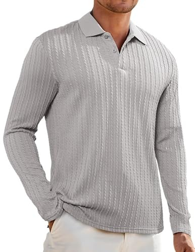 Elegancity Men's Polos Shirt Long Sleeve Regular Fit Cable Knit Golf Polo Shirts for Men Business Casual Solid Color Breathable Work T-Shirts, Grey L