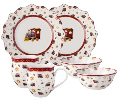 Villeroy & Boch - Toy’s Delight ensemble pour petit-déjeuner pour 2 locomotive 6 pièces multicolore, service de vaisselle Noël avec assiettes de petit-déjeuner, tasses et bol, porcelaine premium