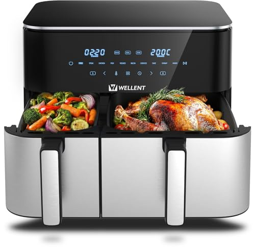 WELLENT 11L Air Fryer con Doble Cestas(4+7L) - 2600W Freidora Aire con Doble Resistencia - Airfryer Multifuncional con 10 Programas Preestablecidos, Pantalla Táctil, Fácil de Limpiar