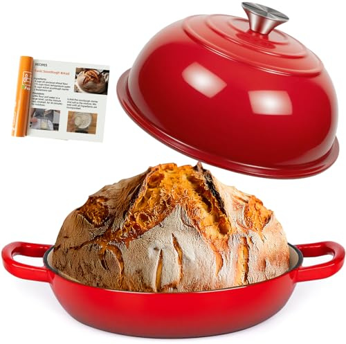 Dutch Oven For Bread Baking,26cm/5.7L Enameled Cast Iron Dutch Oven,Non-Stick Cast Iron Pan with Lid,Dutch Ovens with Baking Recipe,Casserole Pot for Bread Baking,Roasting,Braising & Frying (Red)