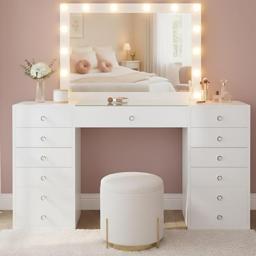 CLP Tavolino trucco con illuminazione e specchio 100x75 cm Attalla, specchio stile Hollywood LED 3 tonalità di luce, prese USB-A e USB-C, Colore:bianco