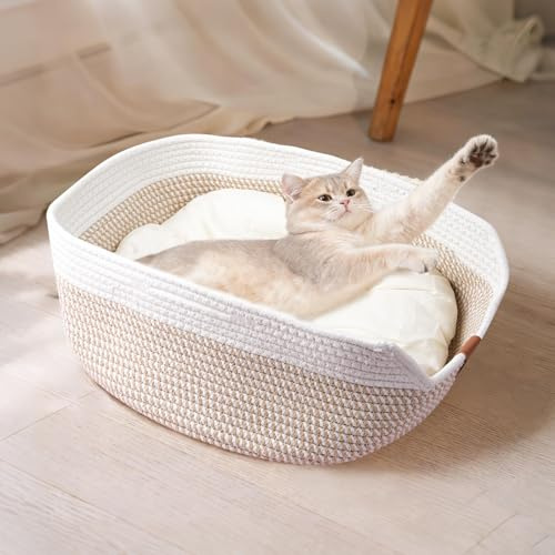 FOR-HI Gemütliches Katzenbett aus geflochtener Baumwoll-Leinen-Optik,40cm,Waschbarer Katzenkorb mit Kissen,weich gepolstert,und mit hohem Rand für sicheren Schlaf(White)