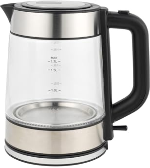 Progress Glass Kettle – 1.7L Capacity With Water Level Indicator, LED Blue Light Illumination, 360° Swivel Base, Anti-Limescale Filter, Cordless, Boil-Dry Sensor, Auto Shut-Off, 2200W