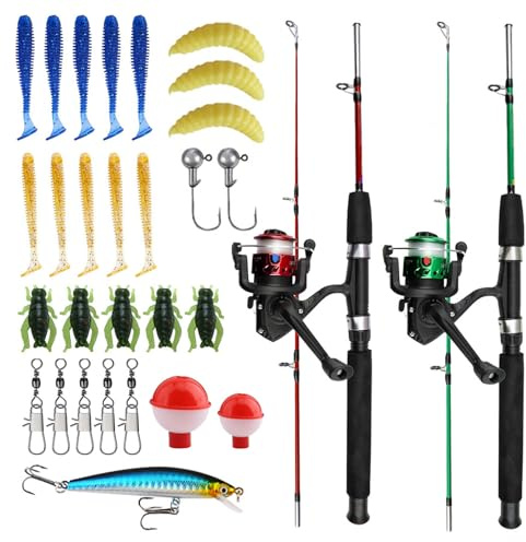 PORFOYO Set da pesca per bambini, canne da pesca telescopiche da 1,8 m con mulinello, portatile, 2 pezzi, rosso/verde, per principianti, 3-10 anni
