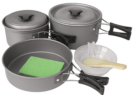 QUXVUIS El juego de utensilios de cocina para acampar y hacer senderismo incluye una sartén aleación aluminio y un juego utensilios cocina para 4 sartenes portátiles que ahorran espacio para