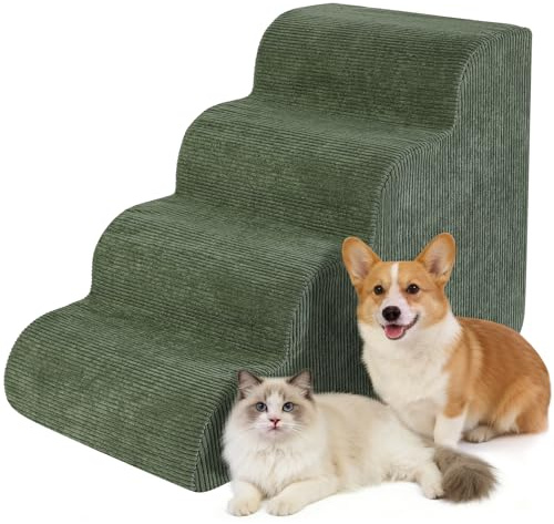 Olaivy Dog Stairs for Small Dogs 17.7 H, 4-Step Dog Ramp for Aged and Injured Dogs, Foam Pet Stairs for Cats to Get on Bed, Couch or Chair, Non-Slip, Steady, Washable Cover, Green
