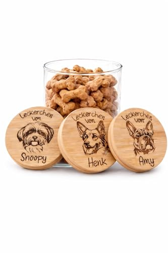 Generisch Personalisierbares Hundeleckerli Glas mit Bambusdeckel & Lasergravur - Leckerchen Dose mit Wunschname & Hunderasse - 650 ml Vorratsglas für Hunde Snacks - Geschenk für Hundbesitzer