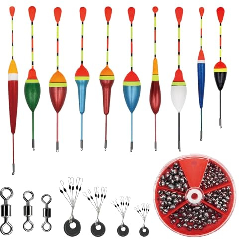 205 Stück Angelzubehör, Angelposen Set für Seen und Teiche, Posen Angeln mit 10 Stück Schwimmern, 4 Gummistopper Angeln, 3 Wirbel Angeln Angelzubehör für verschiedene Fischarten und Wassertiefen