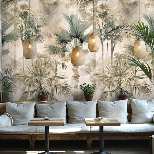 Profhome Papier peint photo motif palmiers 790157-GU Papier peint panoramique intissé (TNT) beige gris-kaki blanc-crème vert-olive 0,53 m x 8,80 m / 4,45 m2