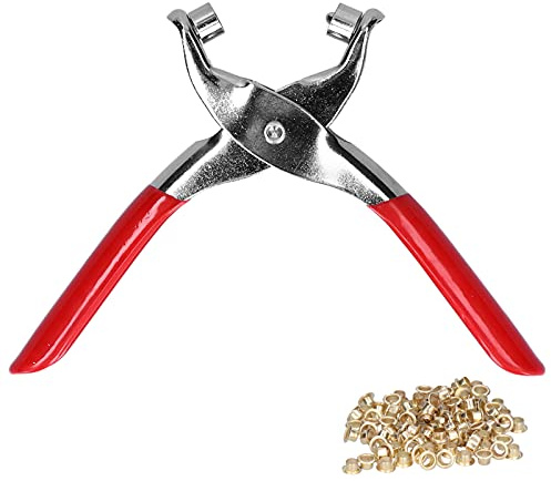 Pinzas para Ojales con 100 Remaches, Acero al Carbono Cromado, Mango de Plástico Antideslizante Rojo 15cm - Alta Durabilidad, Fácil Manejo, Ideal para Costura y Manualidades