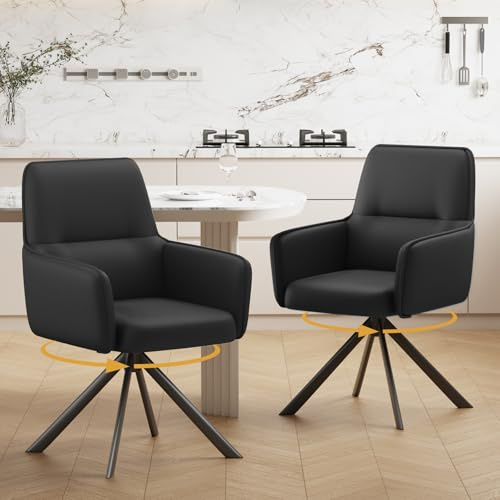 Ckaff Esszimmerstühle Drehbar mit Armlehne 2er Set, 360°Drehbar Polsterstuhl Küchenstuhl aus PU-Leder, Stühle Esszimmer Schminkstuhl mit Metallbeine für Esszimmer Küche Schlafzimmer, Schwarz