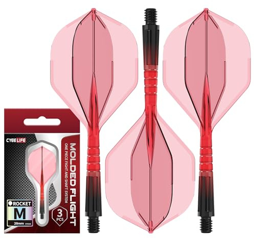 CyeeAtelier Integrierte Dart Flights mit Schaft 2BA, 3 STK, 90° Fixwinkel | 28mm Größe M | roter transparenter Verlauf | robustes Polymer für stabile & kontrollierte Flugbahn | für Soft- & Steeldarts