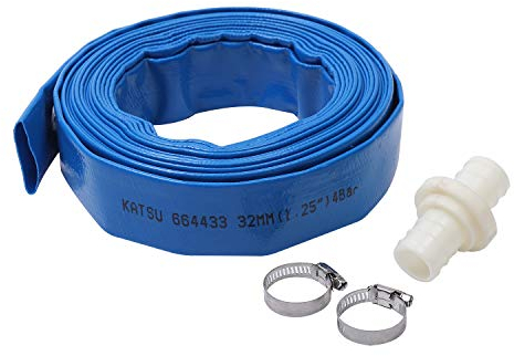 KATSU Manguera Plana para Descarga de Agua 10 m x 32 mm, con 2 Clips y Conector, Se Adapta a Bombas de Agua Sumergibles y Otras para Drenar Estanques, Riego de Jardines, Piscinas, Azul 664433