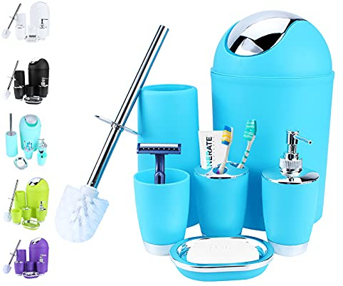 AYNEFY - Juego de accesorios para baño (6 piezas, cromado, dispensador de jabón, jabonera, vaso, soporte para escobillero de inodoro, cubo de basura, color azul