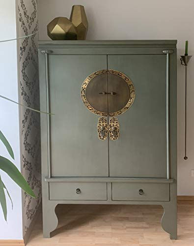 OPIUM OUTLET Orientalischer Hochzeitsschrank, China Kommode asiatisch, Schrank chinesisch, Oliv-grün, Shabby-Stil, Antik-Look, Kolonial-Stil
