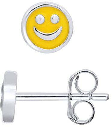 Amours, Bisous & Câlins – Ohrringe Smiley – Silber 925 – 100 % hypoallergen – gelbe Emaille – System Kinderwagen – Kinderschmuck, Silber