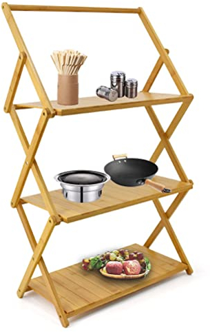 Camping Regal Klappbar, Faltbar 3 Etagen Tragbar Camping Klappschrank, Campingküche aus Bambusplatte Outdoorschrank Faltschrank Klappbares Teleskopisch Lagerregal für Aussen Küche Camping Grillen