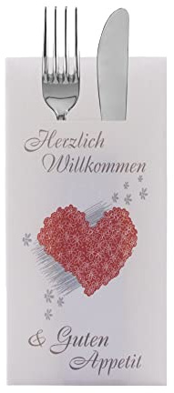 Sovie HORECA Besteckserviette „Herzlich Willkommen & Guten Appetit“, 40 x 40 cm, 1/8 Falz, 75 Stück – Airlaid-Servietten mit Besteckschlitz & Herzmotiv für Gastronomie & Events