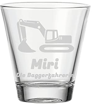 LUXENTU Kinderbecher mit Gravur, Bagger Motiv, 215 ml | Personalisiertes Wasserglas, Baustellen-Motiv, Spülmaschinenfestes Kinderglas