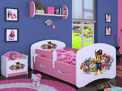 BDW Kinderbett Super Hunde - Babybett mit Matratze und Schublade - Bequem und Langlebig Rausfallschutz Bett - Kinderzimmer - Rosa (Motiv 3) - 160x80