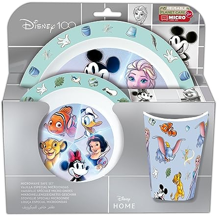 P:os 35313 Disney Frühstücksset 3-teilig mit Teller, Müslischale und Tasse, Kindergeschirr aus Kunststoff, spülmaschinen- und mikrowellengeeignet