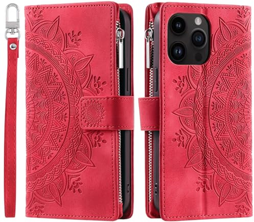 VEEMOS Handyhülle für iPhone 15 Pro Max hülle Klappbar Blumen Handytasche Schutzhülle Klapphülle mit Kartenfach Handy Tasche Book Cover Flip Case Ständer - Rot