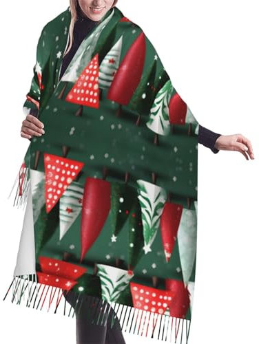 Bunter Zwergen-Strickschal mit Fransen, warmer Schal, Damenschal, stilvolles und gemütliches Accessoire für modische Frauen, Weihnachtsbaum, One size