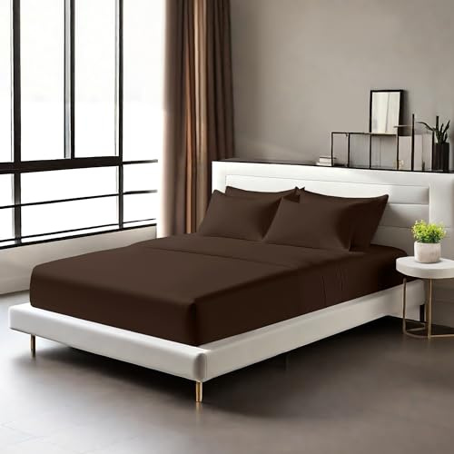 Egyptian Cotton Fitted Sheets 25cm Deep Mattress Pocket 200 Thread Count Fitted Bed Sheet- Soft & Comfortable Bottom Sheet (Chocolate, Double)