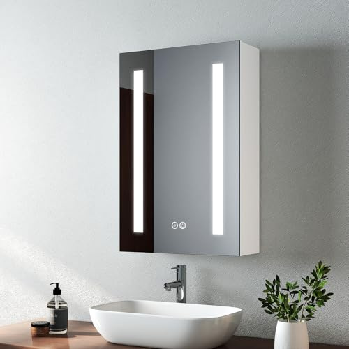 EMKE Led Bathroom Mirror Cabinet, Bathroom Wall Mirror Cabinet with Led Lights with Shaver Socket, Illuminated Mirror Cabinet with Anti Fog, Dimmable & 3 Colors, Memory Function 40L x 60H x 14.5D cm