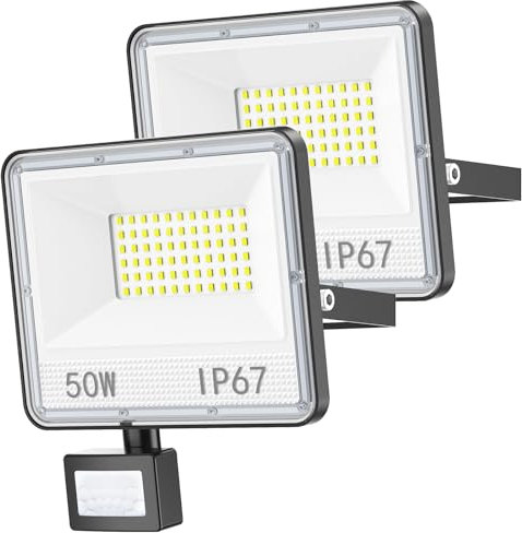 YIQIBRO 2 Piezas 50W Foco LED Exterior con Sensor Movimiento, 5000LM 7000K Blanco Frio IP67 Impermeable Focos con Sensor de Movimiento Exterior para Terraza, Jardín, Garaje