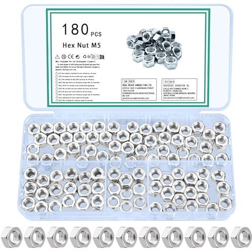 TOOINKCV 180 Pièces M5 Écrous Hexagonaux en Acier au Carbone, Assortiment Écrous Autobloquants pour Boulons et Vis