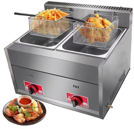 Friteuse à Gaz professionnelle à double cylindre de 2×6L en acier inoxydable - Friteuse GPL pour la cuisine commerciale et maison avec 2 paniers, pour frites cuisine restaurant