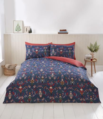 Rapport home Nutcracker Christmas King Duvet Cover Set | Festive Microfibre Bedding with Pillowcases | Vibrant Navy Holiday Design | Easy Care & Cozy Comfort