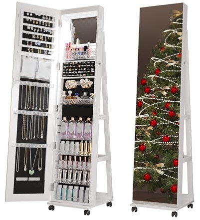 Gurexl Spiegelschrank mit Beleuchtung, Schmuckschrank mit LED Spiegel mit um 360° drehbaren Rädern Ganzkörperspiegel Abschließbarer Aufbewahrung Mehrere Fächer Abschließbar