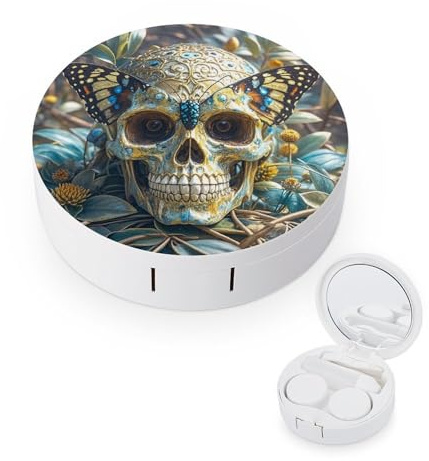 JTREWBV Boîte à lentilles de contact de voyage portable - Motif tête de mort papillon - Kit d'outils de retrait de contact oculaire compact pour voyage et maison, blanc, Taille unique, Étui pour