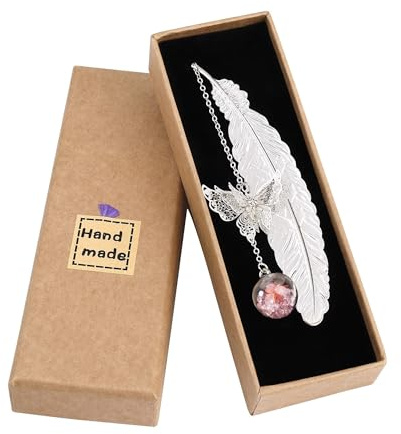 Jesustree Metall Feder Lesezeichen mit Elegant Schmetterling und Glasperlen Ewige trockene Blume Anhänger, Geschenk für Buchliebhaber, Kinder, Mädchen, Studenten (Silber)