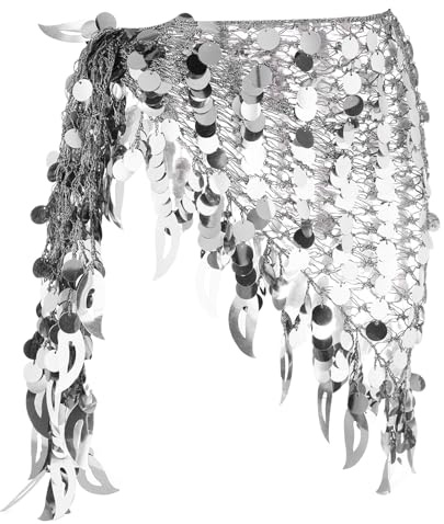 sourcing map Women's Belly Dance Hip Scarf with Sequins Mesh Triangle Wrap Skirts Waist Chain for Music Festival Party Costume Performance(Silver Tone)