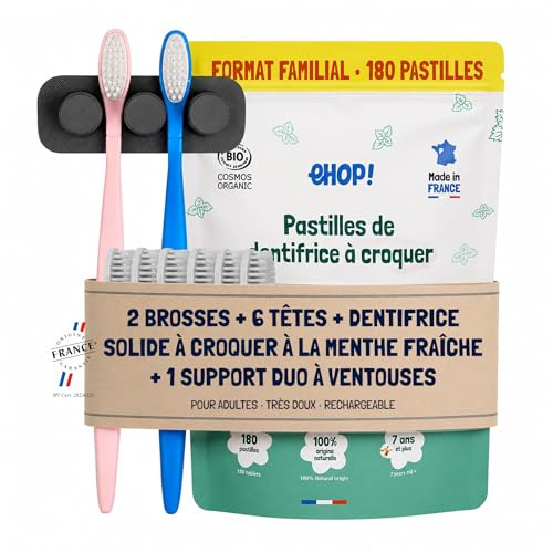[EHOP] Set: 2 Erwachsenen-Zahnbürsten mit 6 weichen Wechselköpfen, Duo-Saugnapfhalter & fester Minzzahnpasta | Blau & Pink | Aus französischer Produktion | Umweltfreundlich & nachhaltig