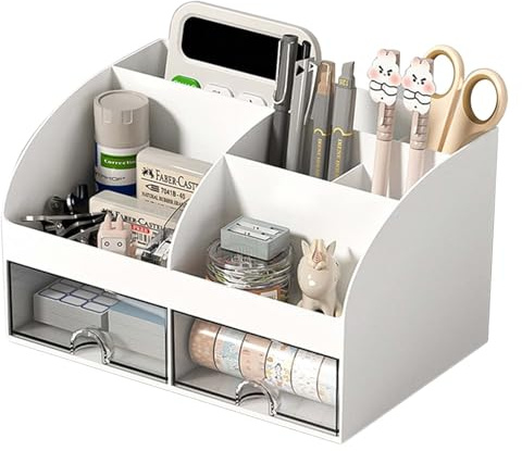 Schreibtisch Organizer mit 6 Fächern und 2 Schubladen–Multifunktionaler Büroorganizer,Platzsparender Desk Storage Box für Stiftehalter,Fernbedienung und kleine Büroartikel für Zuhause,Büro,Schule (2)